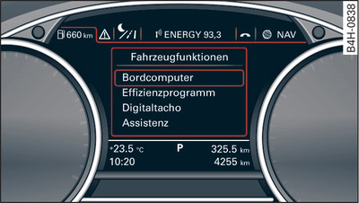 Kombiinstrument: Hämta menyn Bilens funktioner